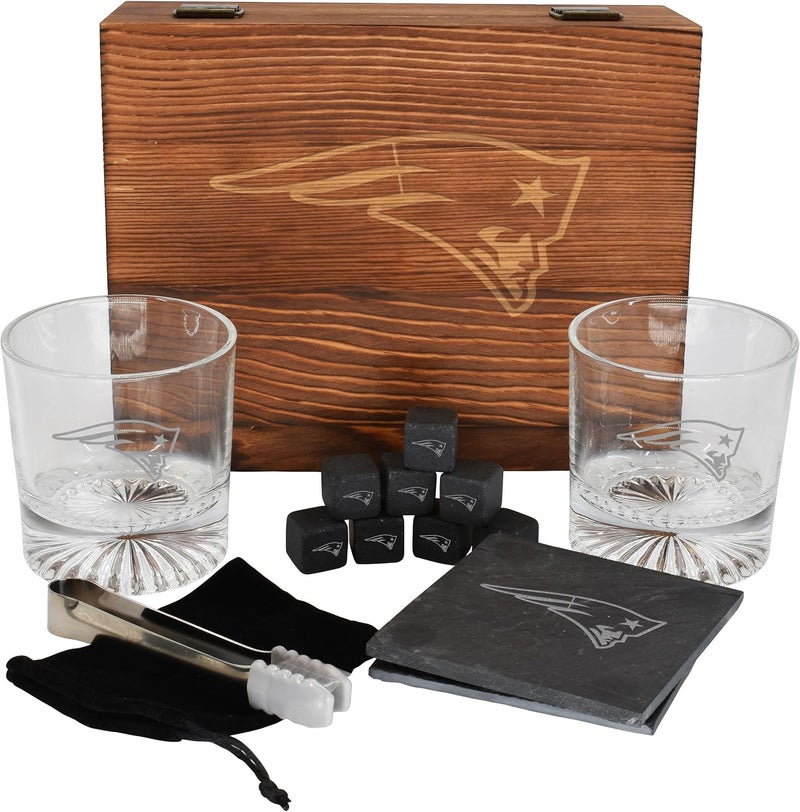 Licensed NFL Wood Boxed Drinkware Gift Set - Includes 2 Premium Rock Glasses, Cooling Cubes, Tongs, and Coasters, New England Patriots